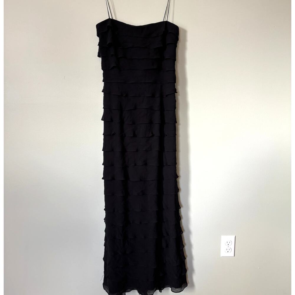 Tadashi Shoji Y2K Vintage Silk Ruffle Maxi Dress Size 10 Black Formal Cocktail - Picture 1 of 10